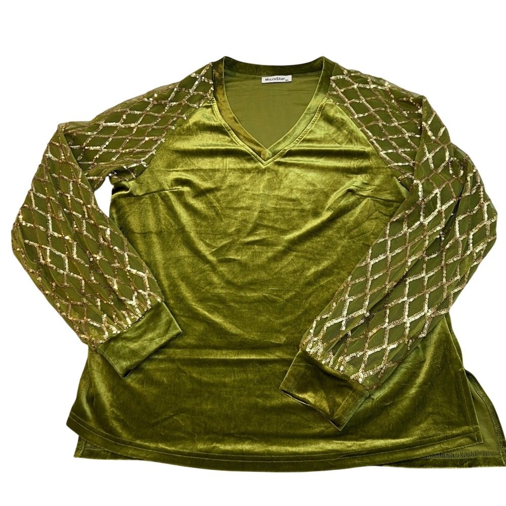Olive Green‎ Velvet Top Womens XL Sequin Lattice Mesh Balloon Long Sleeve V-Neck